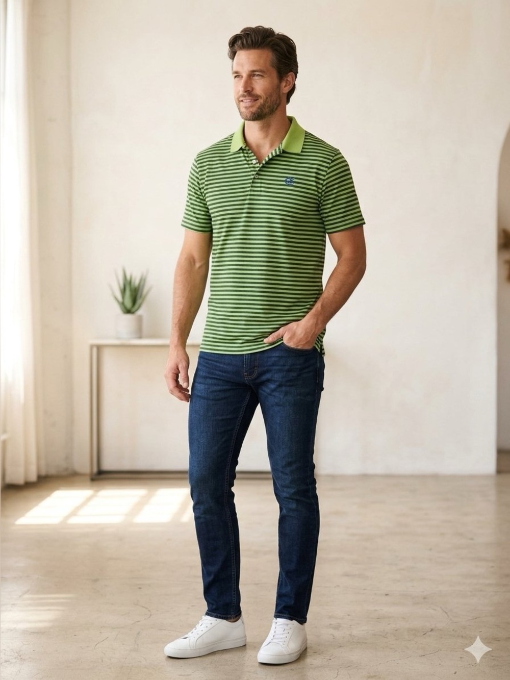 Fairway & Greene • Green Navy Striped Polo